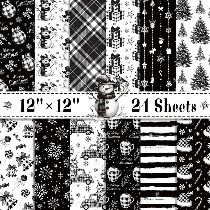 Feivando 24 Sheets Christmas Scrapbook Paper 12'' × 12'' Double-Sided Xmas Black Plaid Pattern Paper Decorative Art Cardstock for Holiday DIY Crafts Card Making Scrapbook Supplies - Image 1